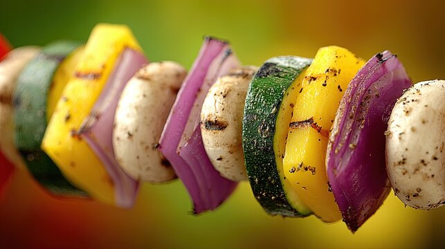 Grilled vegetable skewer with mushrooms zucchini yellow pepper and red onion pieces