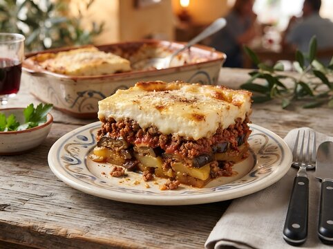 Delicious Traditional Greek Moussaka Layered Casserole Served on a Rustic Plate
