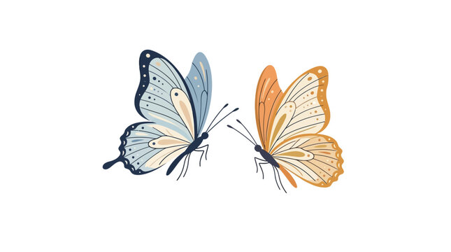 Two Illustrated Butterflies Facing Each Other in Blue and Orange Flat Design Style on White Background