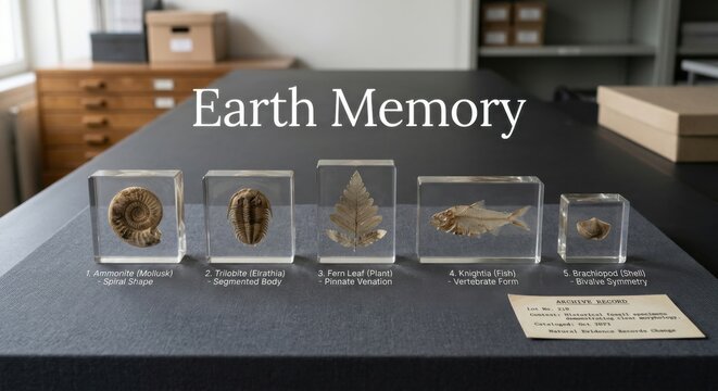 Fossilized Specimens Preserved in Transparent Resin Blocks for Earth Memory Exhibit