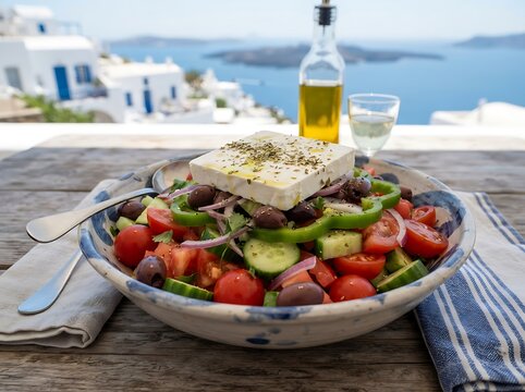 Fresh Traditional Greek Salad With Feta Cheese Served On A Terrace Overlooking The Stunning Aegean Sea In Santorini