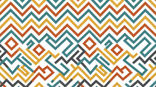 Vibrant ethnic-inspired geometric pattern featuring zigzags and intricate interlocking shapes in a seamless design.