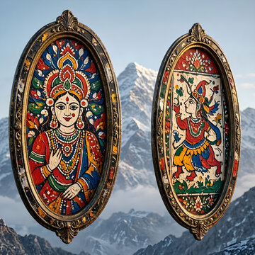 
Traditional Himalayan Folk Art Paintings of Deities in Vintage Frames against Mountain Landscape
