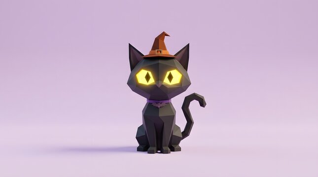 3D low poly black cat wearing a witch hat for Halloween celebration on purple background