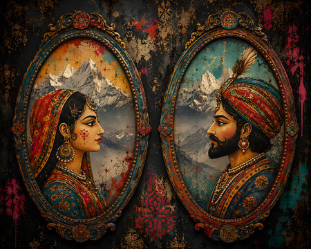 
Mughal Royalty Portraits of an Indian Prince and Princess in Vintage Frames
