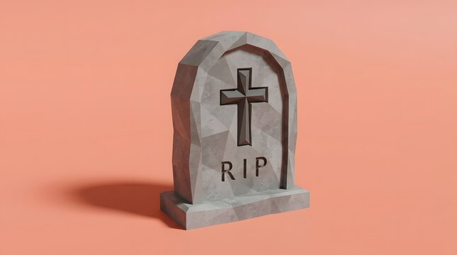 3D rendered stone tombstone with cross and RIP text on a soft peach background