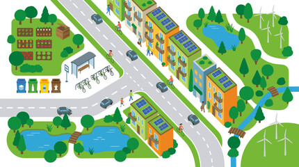 Naklejka premium Sustainable green city vector map with renewable energy features