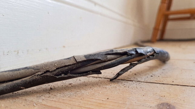 A dangerously frayed electrical cable with visible internal wires and dust.