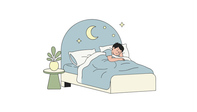 Peaceful young boy sleeps soundly in a cozy bed under a soft blue blanket with a crescent moon shining on his headboard.
