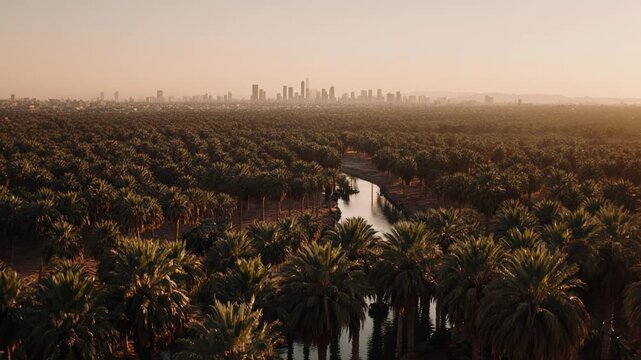 Aerial Forest River Corridor Cities at Sunrise Horizon.