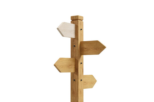 A tall wooden signpost featuring four blank directional arrow signs pointing in different directions, isolated on a white background, for wayfinding