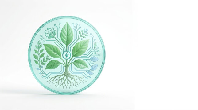 Sustainable digital energy badge featuring an intricate plant with circuit board branches and an energy icon