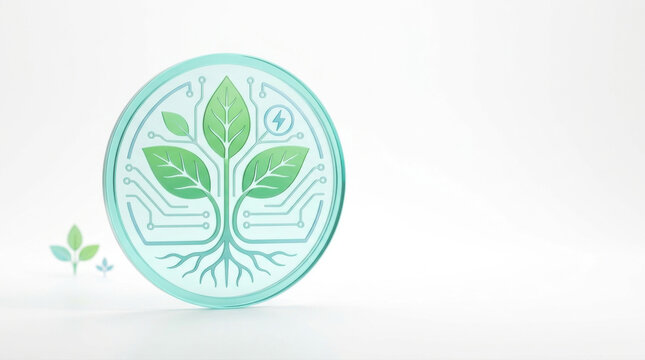 Green technology emblem featuring a glowing glass plant integrated with digital circuit lines on white background