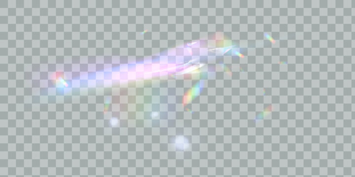 Rainbow reflection light prism effect on light gray background. Hologram glass dispersion, crystal flare leak shadow overlay.