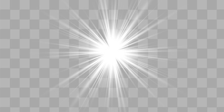White Optical Lens Flare Transparent with Bright Light Glow, Radiating Sunburst Rays, Beautiful Flash Effect, Abstract Background for Graphic Design.