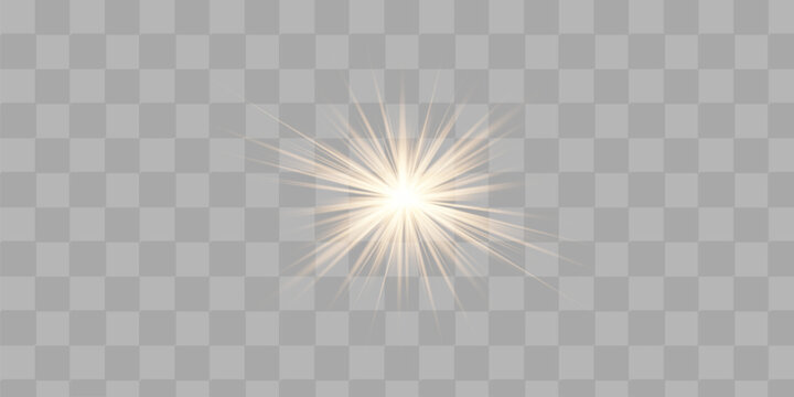 Golden Radiating Light Burst Transparent with Bright Lens Flare, Sun Glow, Optical Star Effect, Summer Sunshine Background Illustration.