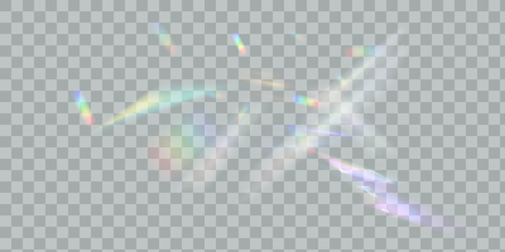 Set of colorful vector lenses and light flares with transparent effects. Iridescent crystal leak glare reflection effect. Optical rainbow lights, glare, leak, streak overlay. falling confetti.