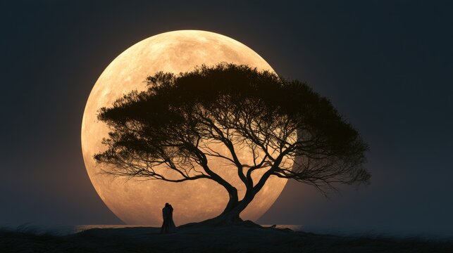 Silhouette of a large solitary tree with intricate branches against an enormous glowing full moon at night with a person standing beneath creating a peaceful scene