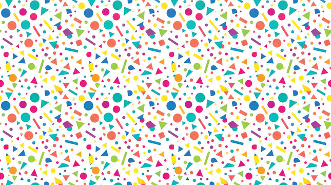 Vibrant seamless pattern featuring a playful scattering of colorful geometric shapes like circles, triangles, and rectangles on a clean white background, perfect for celebrations.