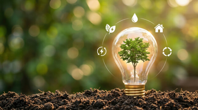 Glowing light bulb on soil with growing tree and eco icons representing renewable energy and sustainable environmental conservation