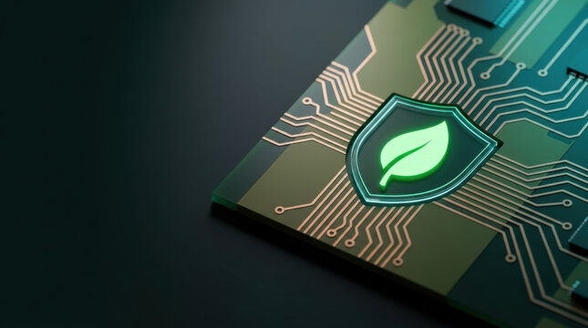 Glowing green shield with leaf symbol on a computer circuit board representing sustainable data protection and eco-friendly cybersecurity