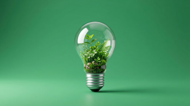 Glass light bulb filled with lush green plants and moss representing ecological ideas and environmental conservation strategies