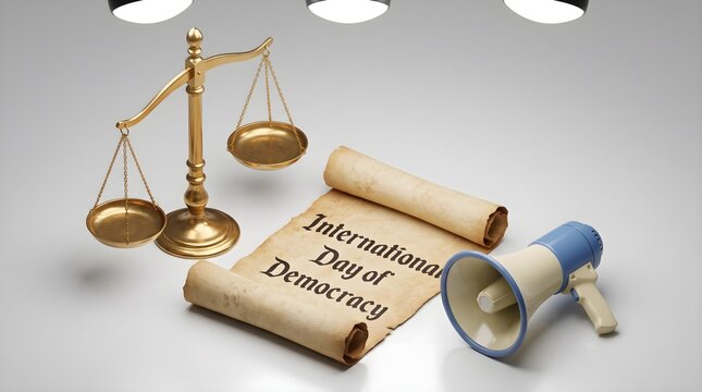International Day of Democracy 3D Isometric Scales of Justice Megaphone Scroll Illustration