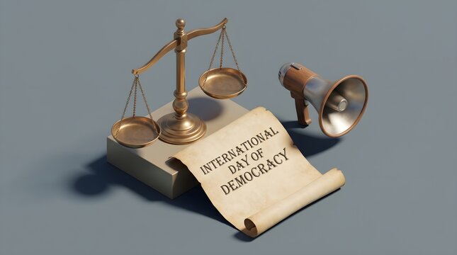 International Day of Democracy 3D Isometric Scales of Justice Megaphone Scroll Illustration