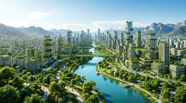 Futuristic smart city integrated with lush green nature and river symbolizing sustainable urban architecture