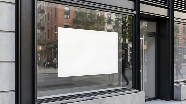 Blank rectangular poster mockup on a modern storefront glass window in the city