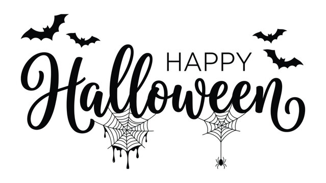 Stylized &ldquo;Happy Halloween&rdquo; typography design with bold uppercase and cursive text, flying bat silhouettes, spider webs, and hanging spiders, festive spooky holiday decoration illustration