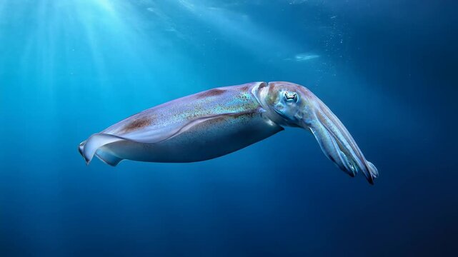 Cinematic underwater shot of a vibrant cuttlefish gracefully swimming in deep blue ocean illuminated by radiant sunbeams from above, representing marine life, oceanography, and aquatic ecosystems