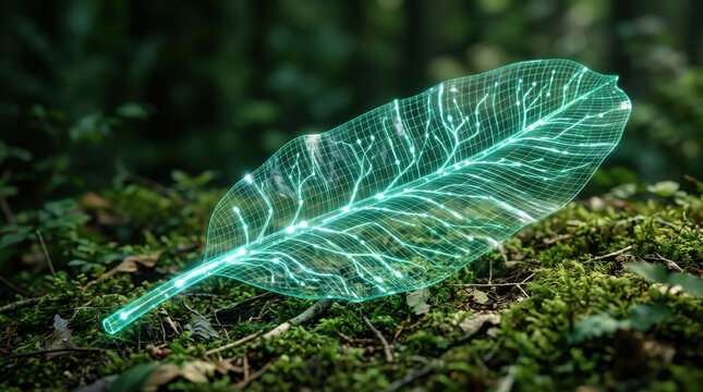 Glowing holographic leaf with digital circuit lines resting on natural forest moss representing eco-friendly technology