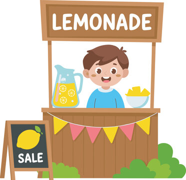 Cute Boy Entrepreneur at Homemade Lemonade Stand Vector Illustration with Wooden Booth Pitcher Glass Bunting Flags and Sale Chalkboard Menu Sign