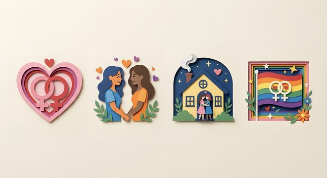 Papercut style set of four women love icons on plain neutral background