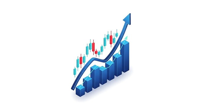 Isometric view of 3D financial growth chart and candlestick graph with blue upward arrow on white background isometric business investment increase candlestick analysis statistic