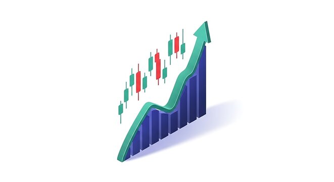 3D isometric financial growth graph with rising green arrow and candlestick chart over blue bar columns representing stock market success and economic recovery business investment