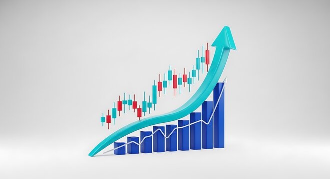 3D bar chart with curved light blue upward trend arrow and candlestick pattern representing financial market growth and positive investment returns investment business increase