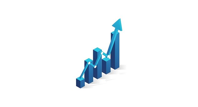 Isometric blue bar chart with upward trend arrow showing business growth business isometric investment performance corporate financial analysis statistics development strategy