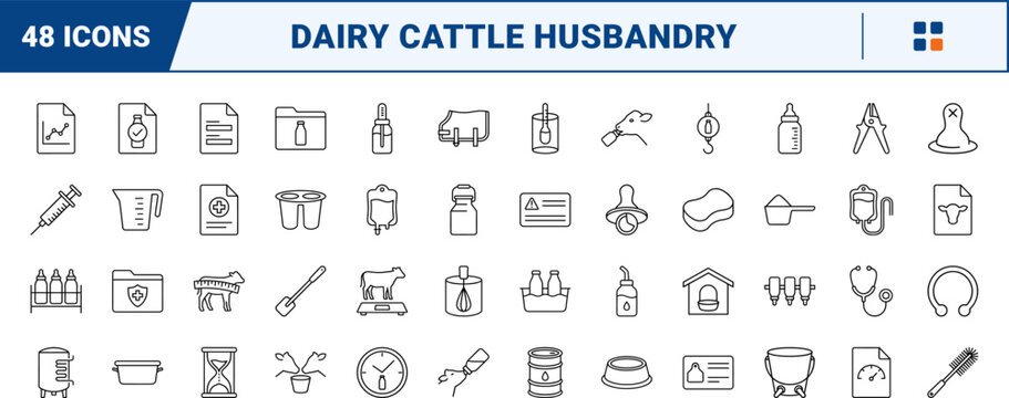 Calf bottle feeding line icon set. Vector pictograms of livestock, nutrition, equipment, and healthcare elements, thin linear illustration.