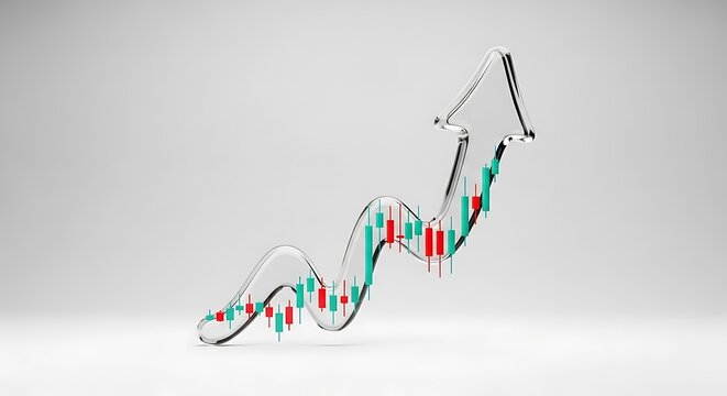 3D illustration of a financial candlestick chart pattern moving upwards with a rising trend arrow isolated on a light gray studio background candlestick investment business economics