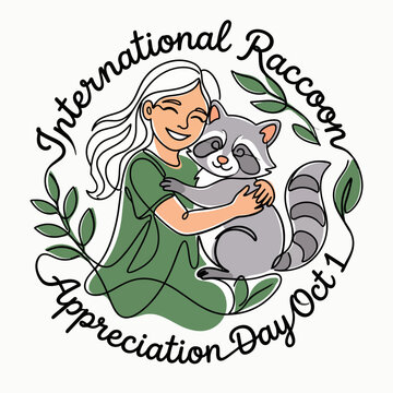 Woman celebrating International Raccoon Appreciation Day holding cute cartoon raccoon in autumn leaves