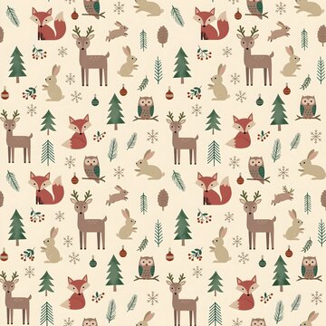 Seamless Christmas woodland pattern featuring deer, foxes, owls, rabbits, pine trees, and winter motifs in a cozy Scandinavian-inspired flat illustration style
