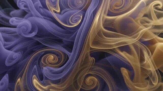 Abstract background featuring swirling purple and beige ink clouds colliding in water against a dark black backdrop