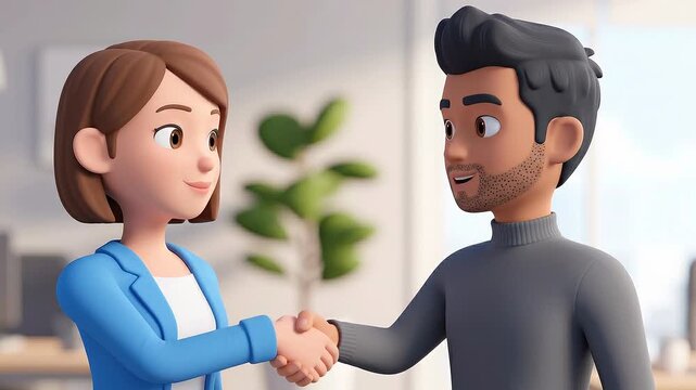 3d animated business people shaking hands in office