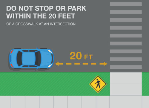 Outdoor parking rules and tips. Do not stop or park within the 20 feet of a crosswalk at an intersection. Top view of a blue sedan car. Flat vector illustration template.