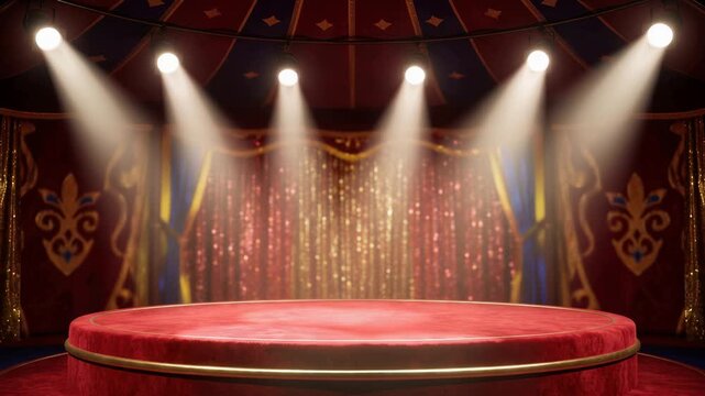 Red circus stage podium background, vibrant carnival atmosphere, elegant empty platform, festive entertainment backdrop, 4K video
