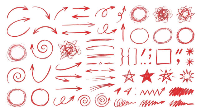 Red Doodle Arrow and Scribble Vector Collection with Hand Drawn Pencil Chalk and Crayon Strokes