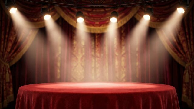 Red circus stage podium background, vibrant carnival atmosphere, elegant empty platform, festive entertainment backdrop, 4K video