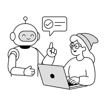 A friendly robot gives a thumbs-up beside a woman working on a laptop, with a checked message bubble showing helpful AI-powered digital assistance.